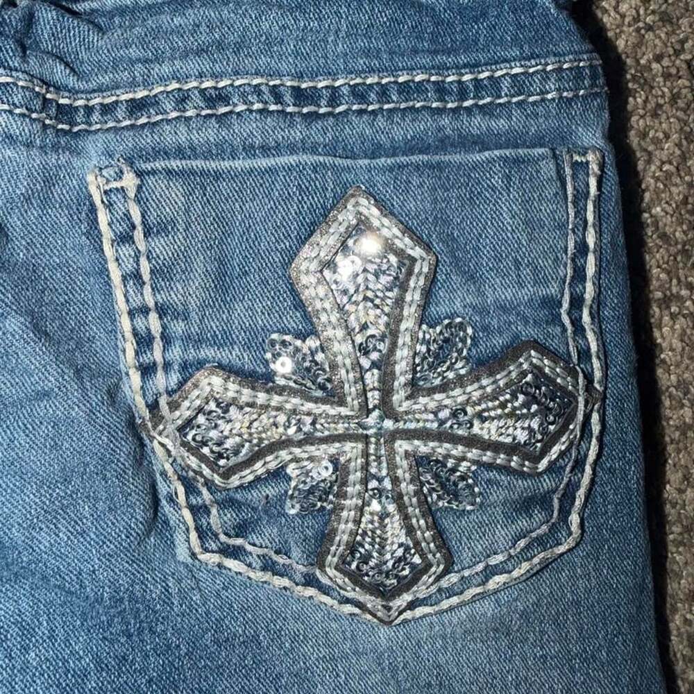 Faded Glory Girls Jeans Size 5 Medium Wash Sequin Cross Bootcut